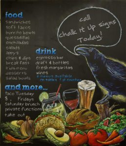 contact, chalk it up signs, pricing, chalk murals, chalk artist, chalk, the old crow cafenoard menu