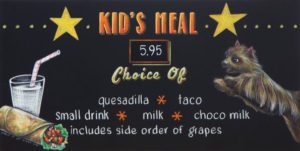 Tex Mex Kids Chalkboard Menu, chalk it up signs, Austin Texas, pet dog