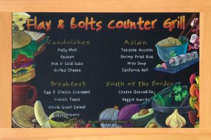 foodie, custom hand drawn cafe chalkboard, chalk it up signs, fruit, sandwhich, sushi, banana, coffee, vegtable, custom, hand drawn, Flax and Bolts, Counter Grill, burger, hot peppers, menu chalkboard, california