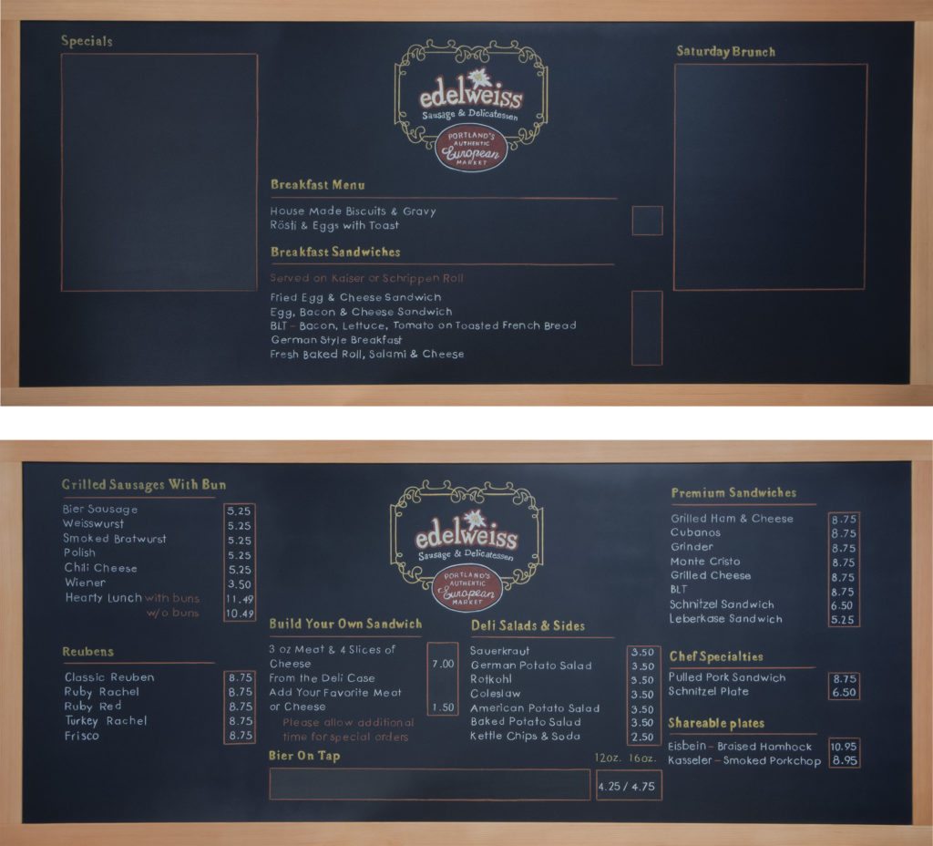 Custom Chalk Menu Board for Restaurant, chalk menu board, custom chalk menu board, custom chalkboard, Chalk It Up Signs, menu board, menu chalkboard, Edelweiss Deli, Portland, Oregon, Portland Oregon, deli, restaurant, pub,