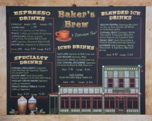 coffee chalkboard, chalkboard menu, menu art, Vintage Chalkboards , Wisconsin Chalkboard Sign going to Sheboygan. Features cedar barboard framing and chalk art menu and picture of Johnstons Bakery.