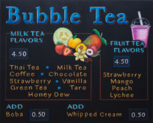 menu chalkboard, west linn, Oregon, bubble tea, menu, chalkboard, bubble tea menu, hand drawn menu, menu board, chalk it up signs, cius