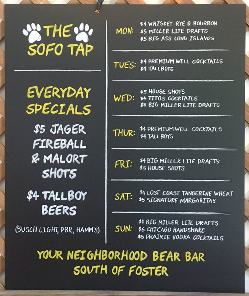 two bears tavern, happy hour menu, happy hour menu chalkboard, happy hour chalkboard, happy hour specials, chalk it up signs, cius, menu chalkboard, specials chalkboard, Chicago, Illinois